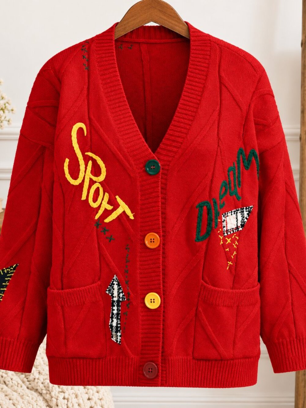 Red Oversized Graphic Patchwork Knit Cardigan Statement Sweater Size M